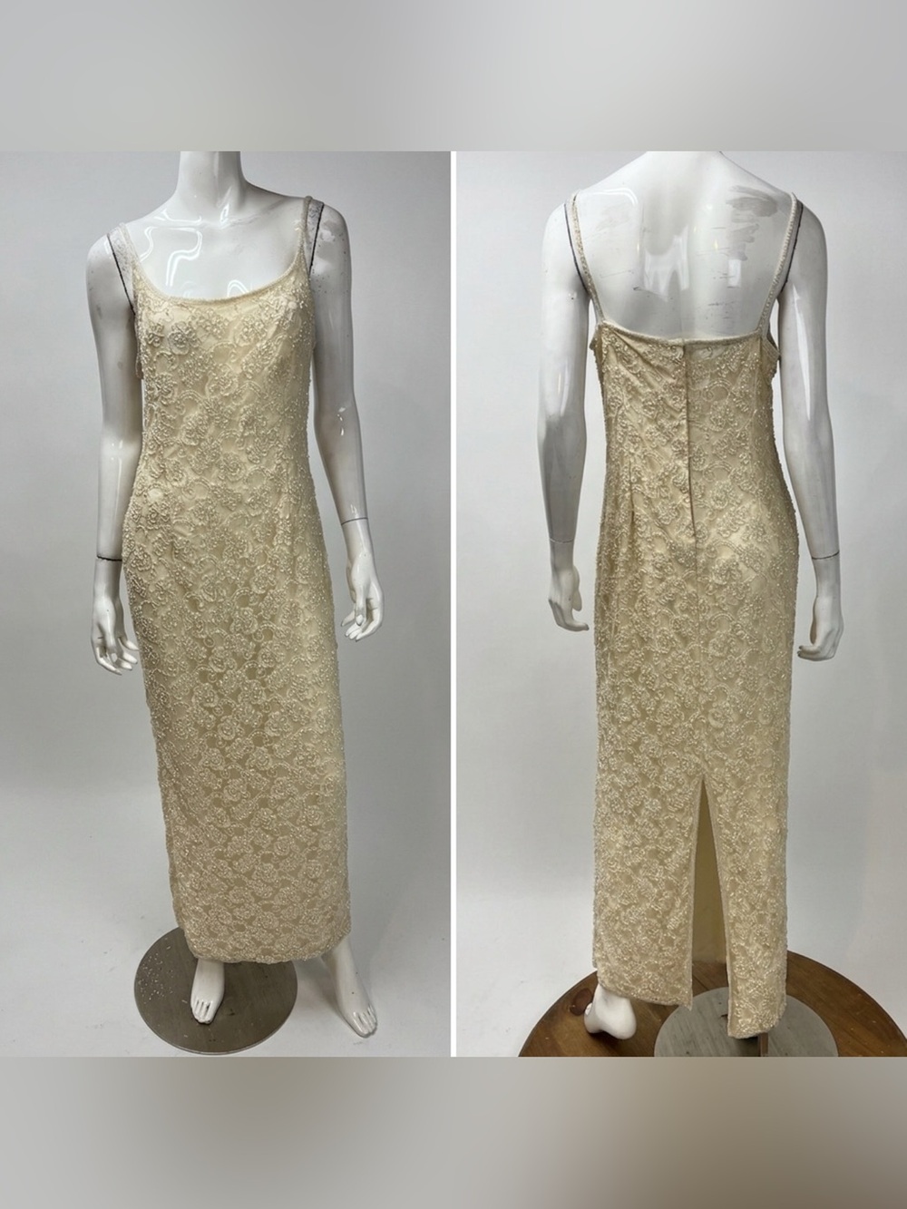 Icara Women’s 10 Vintage Ivory Lace Hand Beaded Formal Sheath Gown Evening Dress - Picture 2 of 8